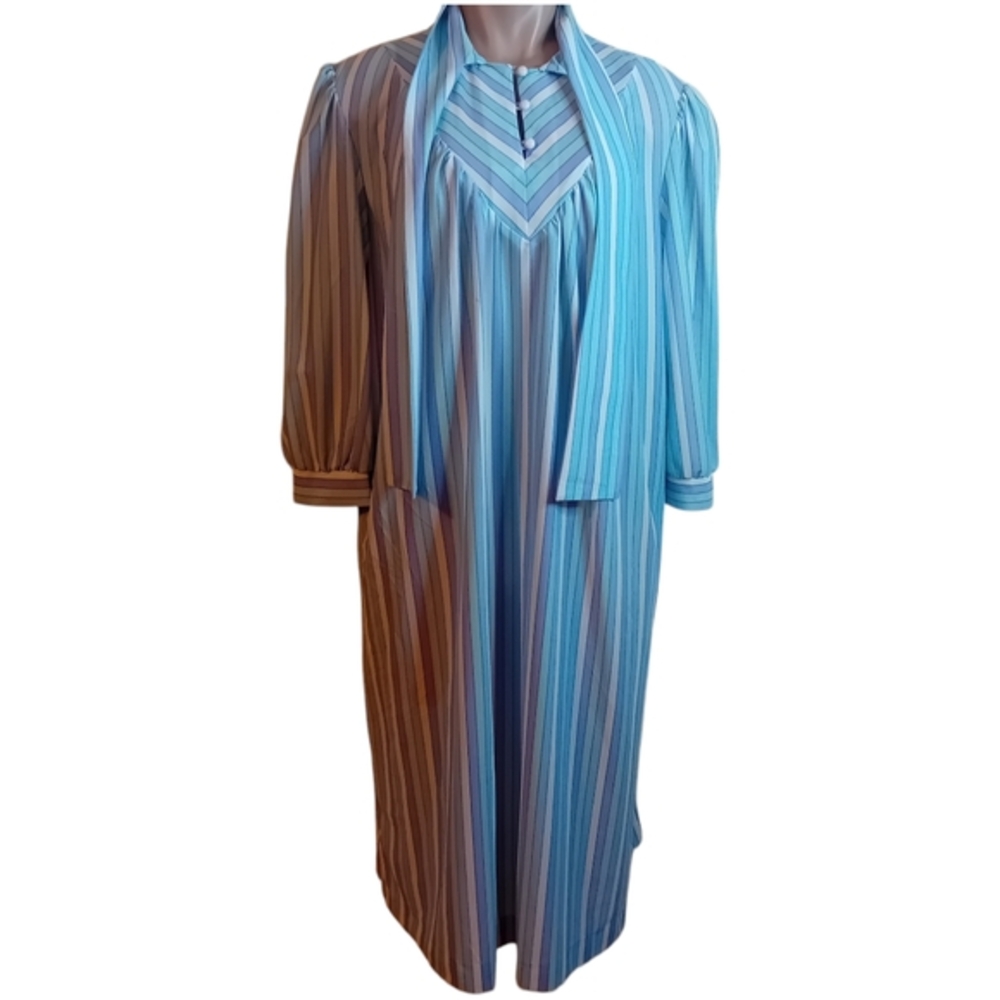 Vintage 70s Sears Shirt Dress Lightweight Long Sleeve Stripes‎ Tie Modest L READ